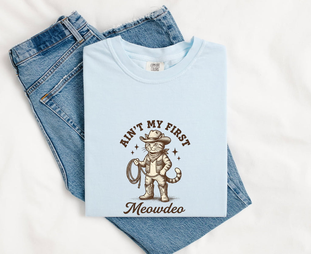 Chambray Comfort Colors 1717 t-shirt with cowboy cat graphic and text, folded on blue jeans
