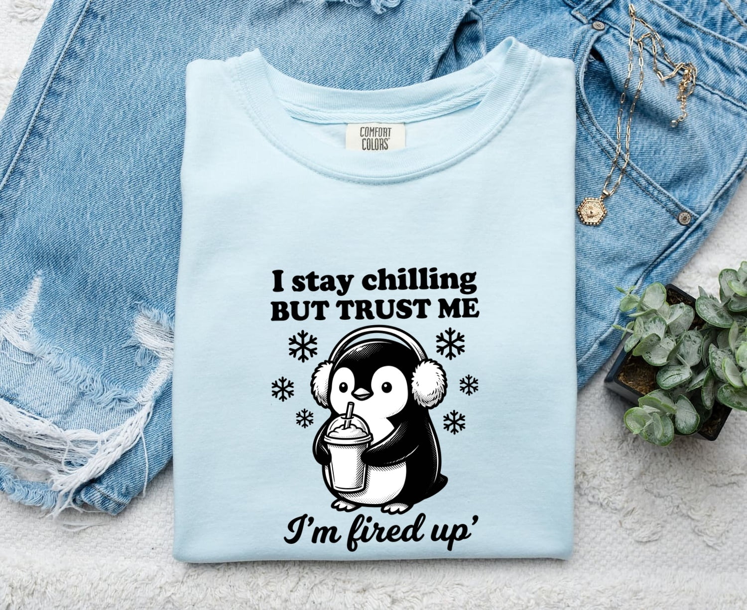 Chambray Comfort Colors 1717 t-shirt with penguin graphic and text on a denim background