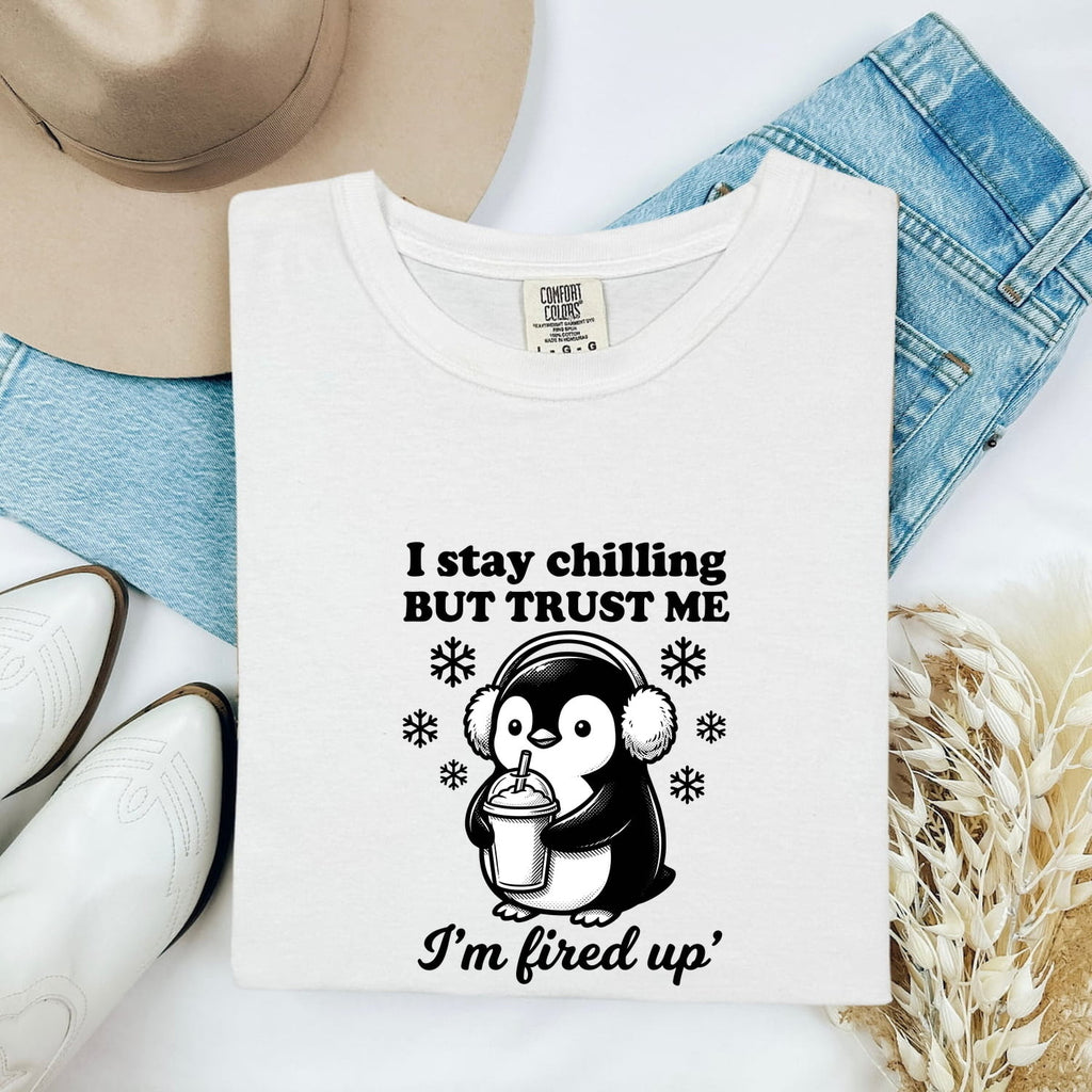 White Comfort Colors 1717 t-shirt with penguin graphic and text 'I stay chilling BUT TRUST ME I'm fired up' folded atop jeans, shoes, and a hat.