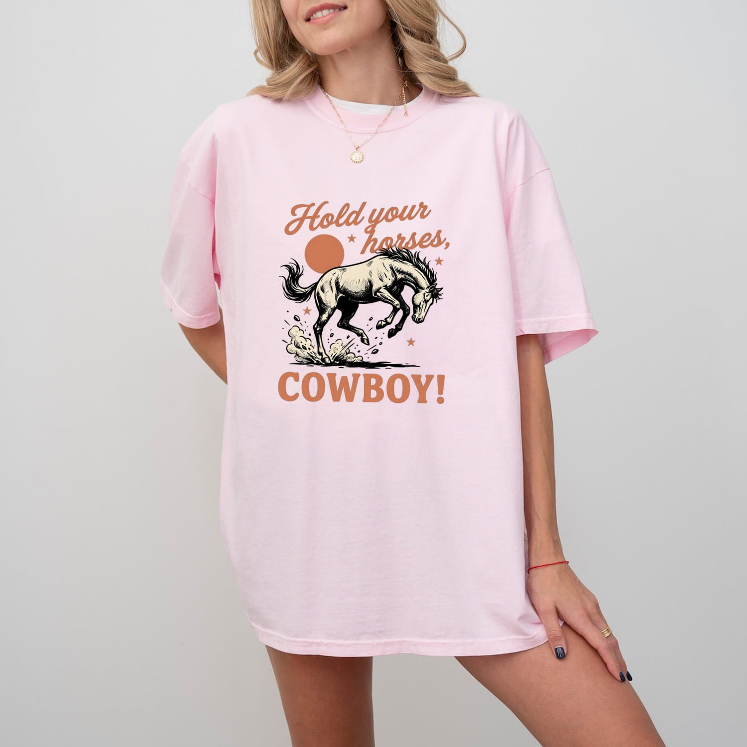 Blossom Comfort Colors 1717 t-shirt with wild horse graphic and sarcastic text worn by a model on a plain background