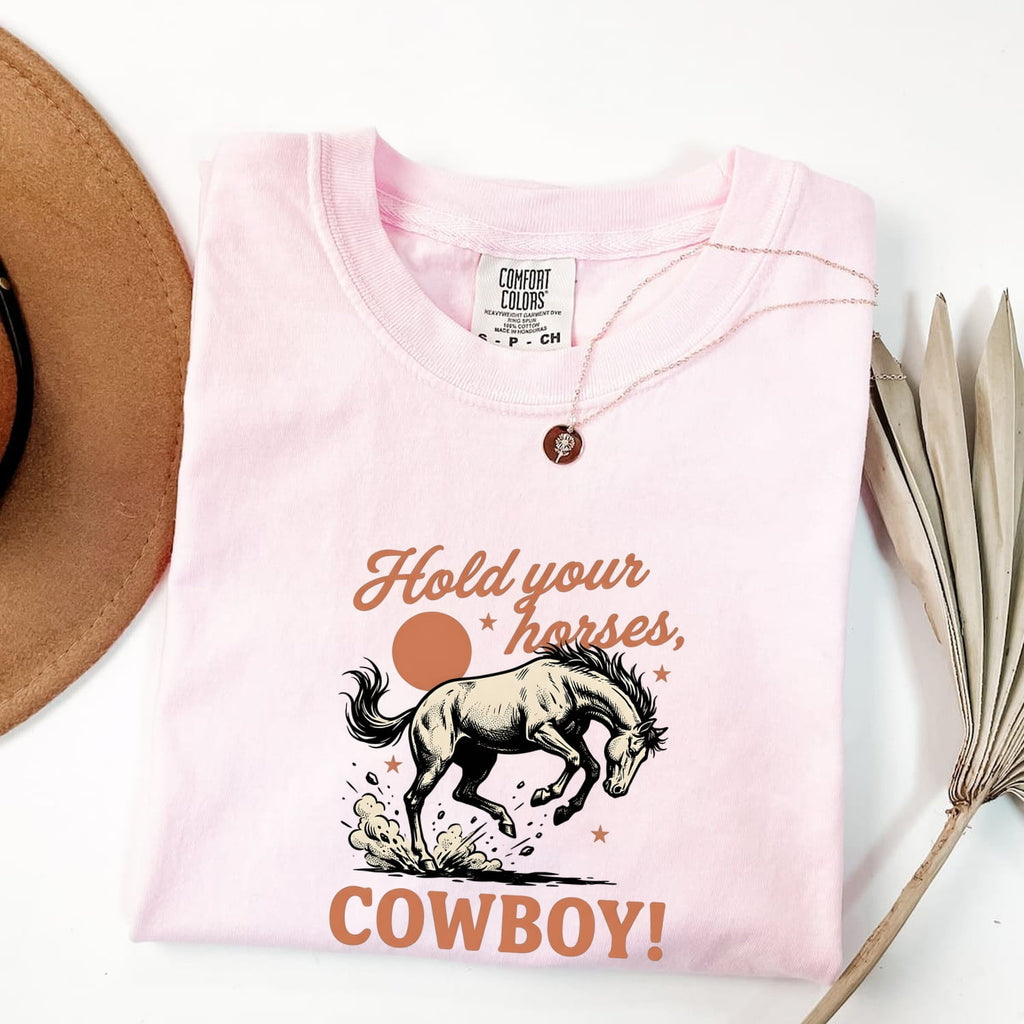 Blossom Comfort Colors 1717 t-shirt with wild horse graphic and text 'Hold your horses, cowboy!' folded on a white background.