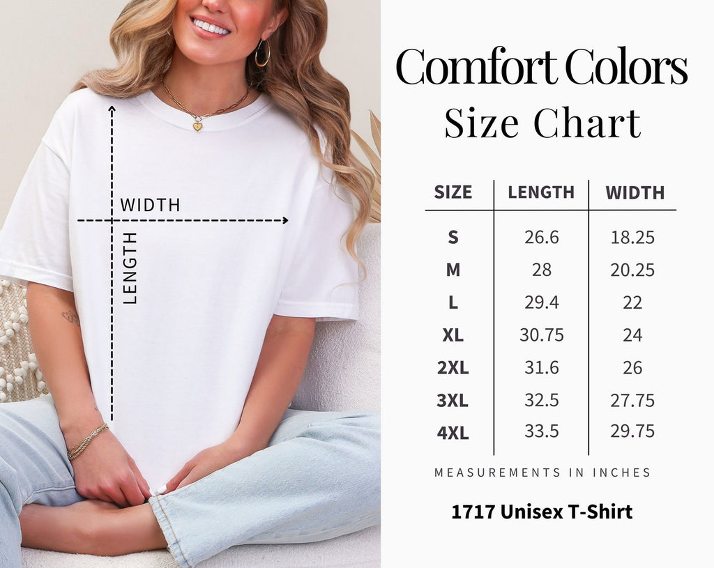 Woman wearing a white t-shirt with a Comfort Colors 1717 size chart on the right side.