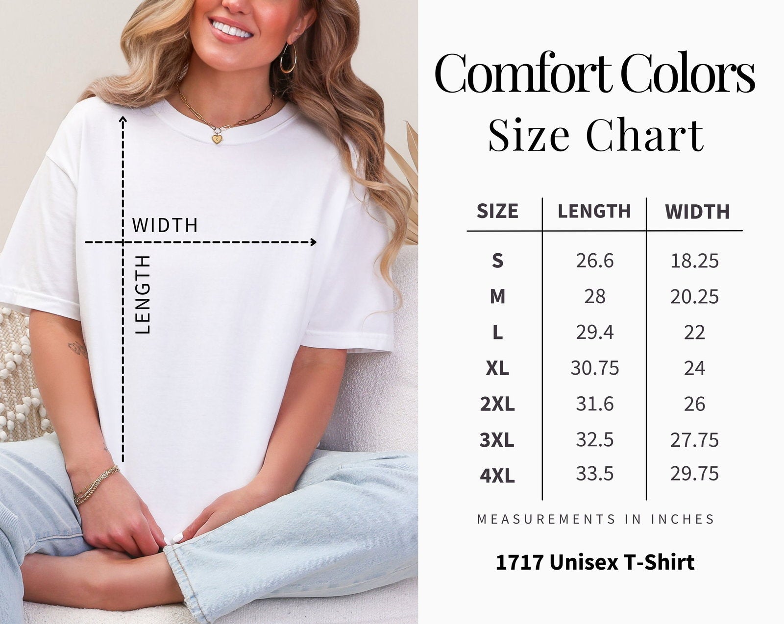Woman wearing a white t-shirt with a Comfort Colors 1717 size chart on the right side.